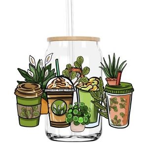 Glass frosted cup with Bamboo Lid and Straw-16oz Plant and coffee lover